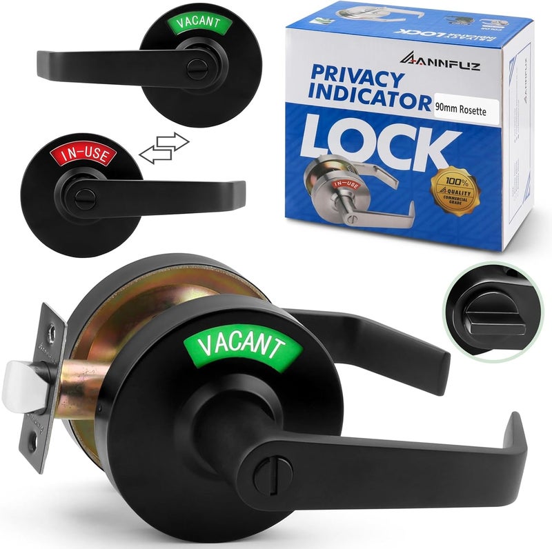 ANNFUZ Vacant Occupied Bathroom Door Handle Lock,Keyless Privacy Lever Lock with Large Indicator in-Use Sign,ANSI Grade 2 Commercial Grade Doorknob,for Public Restrooms Office Hospital(Matte Black) - Image 1